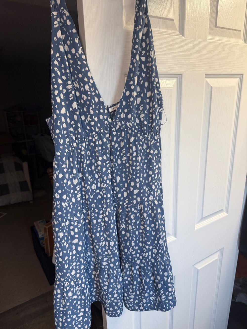Blue and White Printed V-Neck Mini Dress